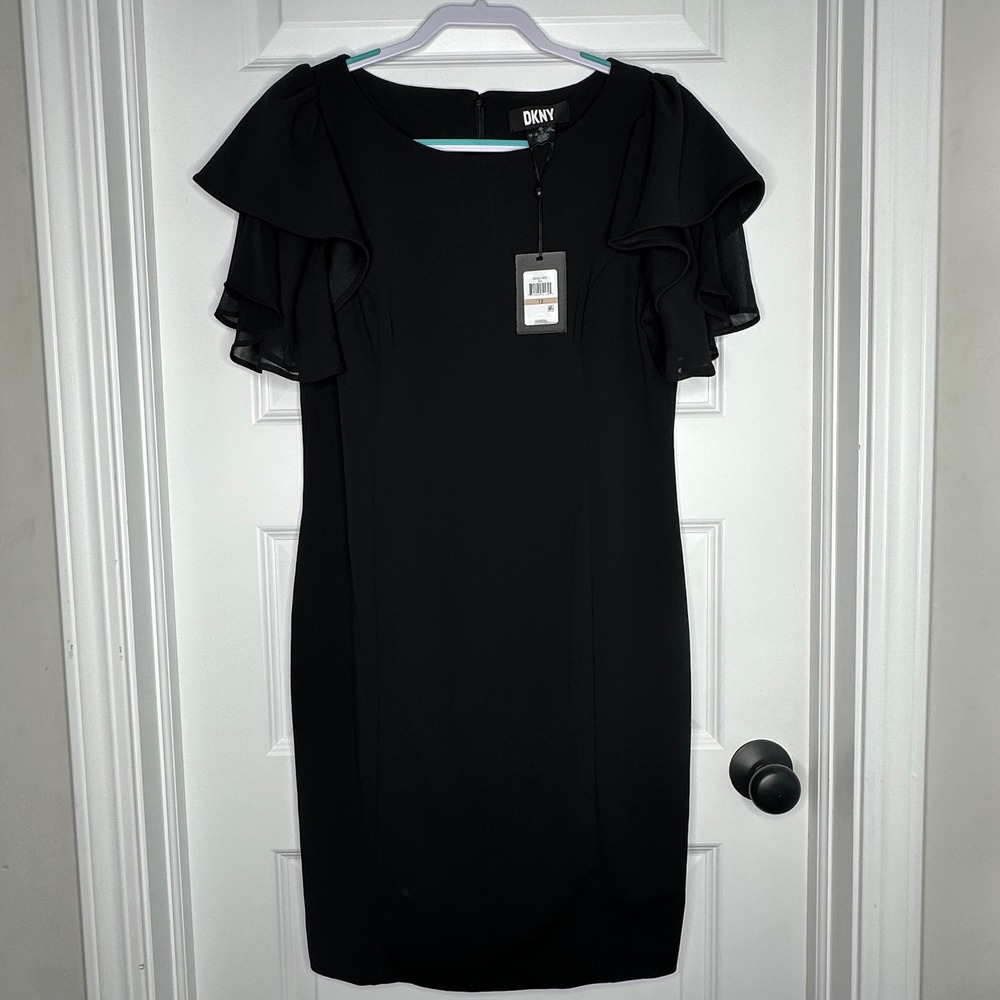 DKNY Ruffle Flutter Sleeve Sheath Dress Womens 12 Black NWT Tiered Chiffon LBD